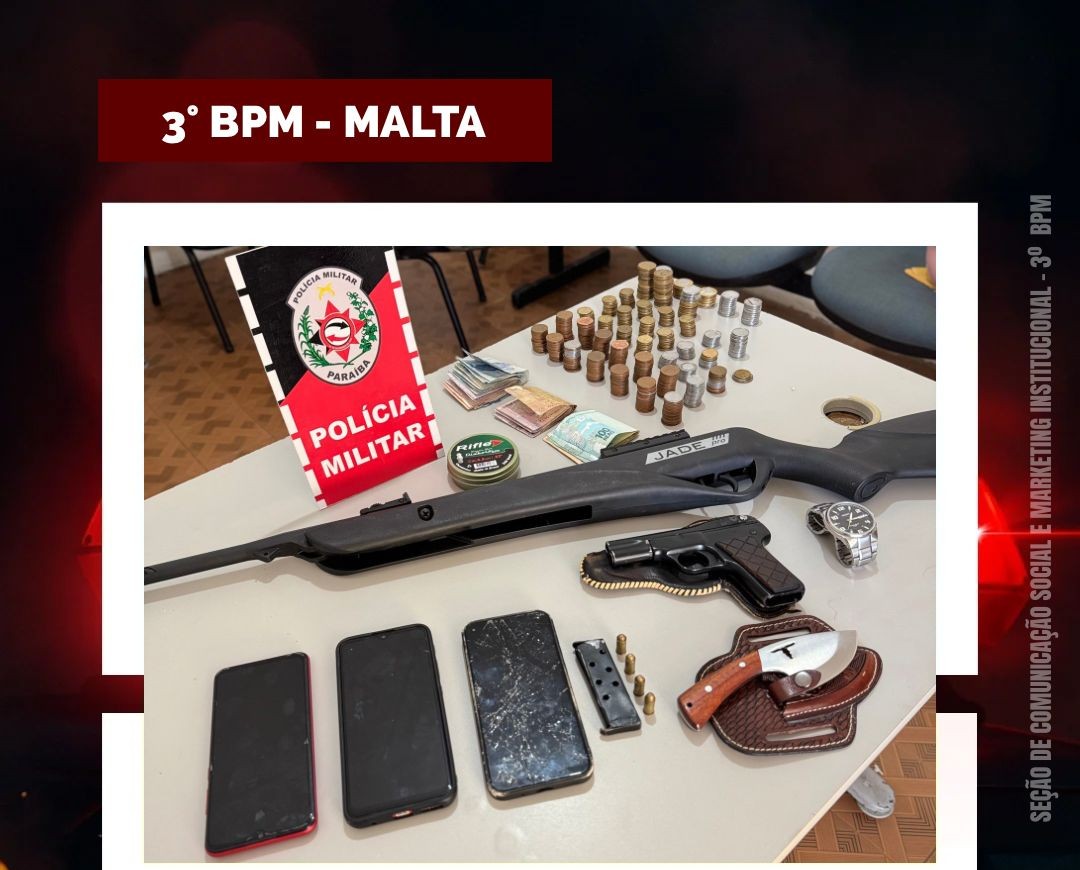 RESPOSTA RÁPIDA: Polícia Militar prende suspeitos e apreende armas e objetos após roubo no Sertão da PB