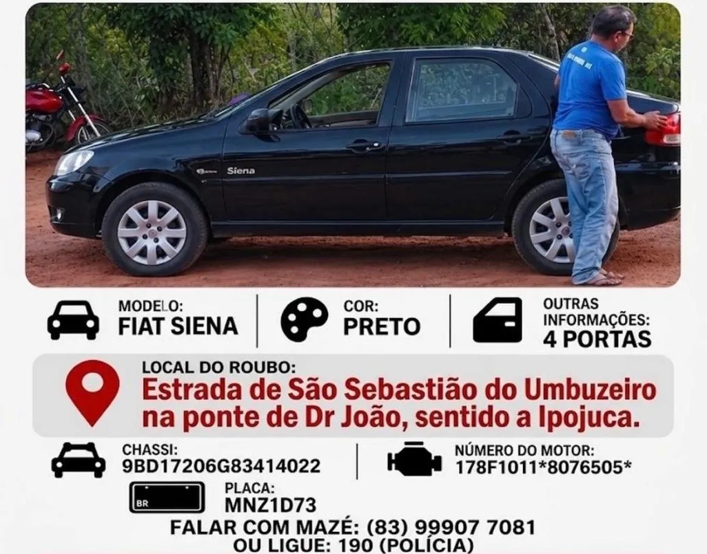 Carro é roubado na estrada que liga São Sebastião do Umbuzeiro ao Pernambuco